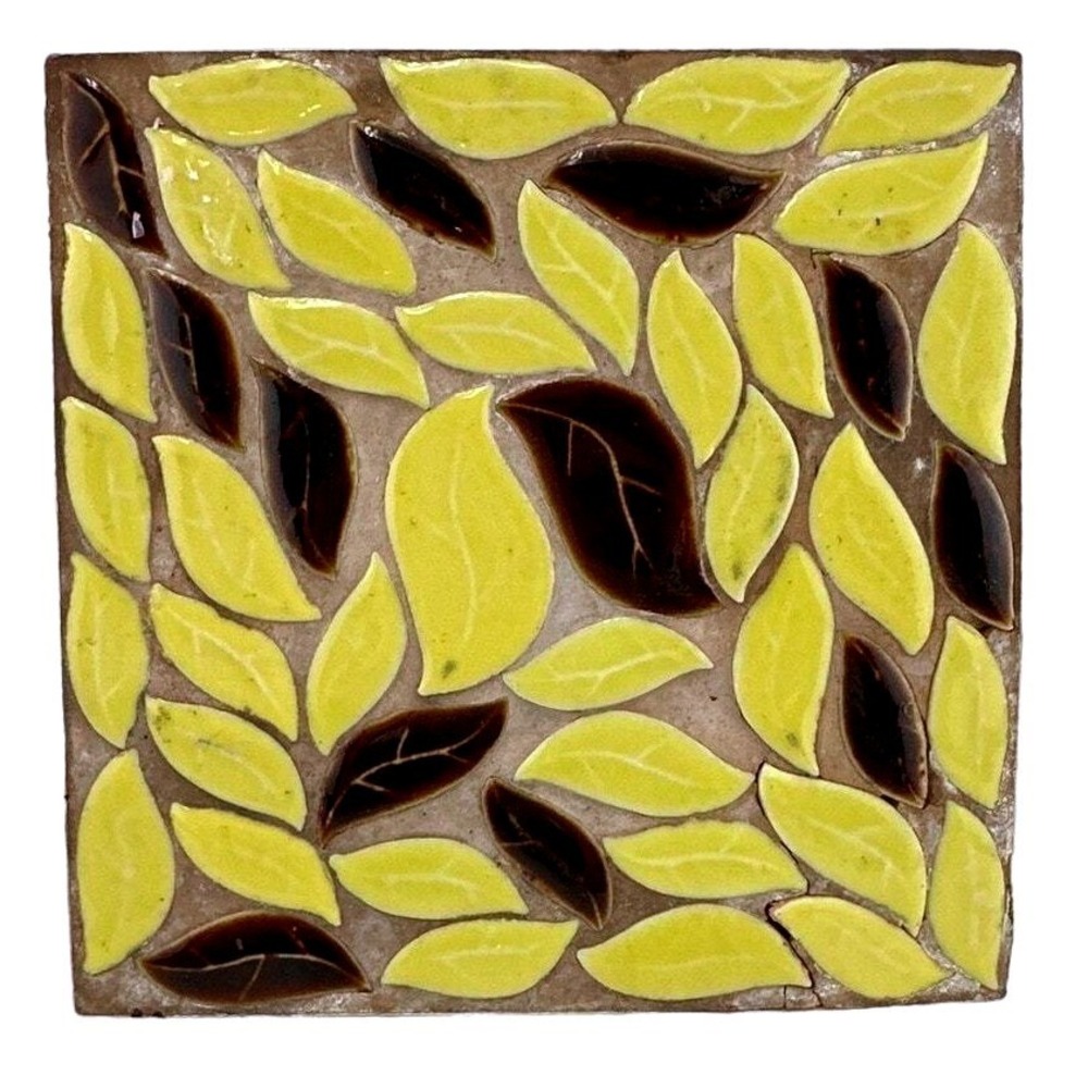 Vintage Mid-Century Yellow Brown Leaves Mosaic Tile Trivet‎ Hot Plate Pots Pans